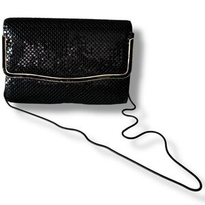 1980s Vintage Black Metal Mesh Envelope Clutch Convertible Chain Evening Bag
